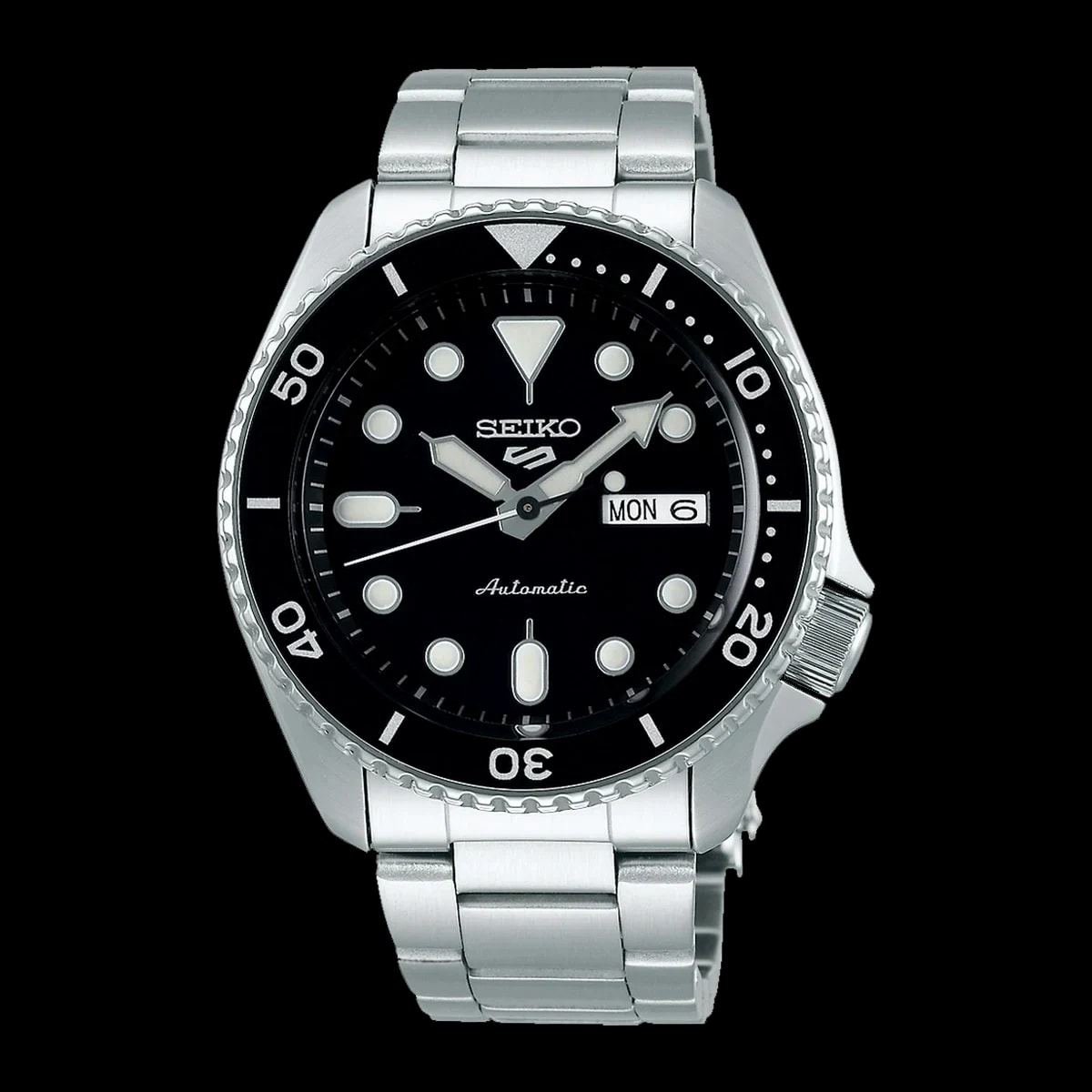 Seiko 5 Sports SRPD55 SRPD55K1 black dial front view